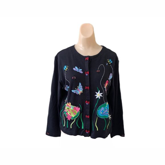 Berek2 Takako Small Beaded Cardigan Embroidered Black Butterfly Ladybug 80s Vtg - Picture 1 of 7